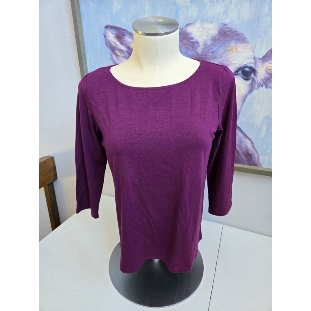 Eileen Fisher Women's Petite S Purple Wine 3/4 Sleeve‎ Stretch Jersey T-Shirt